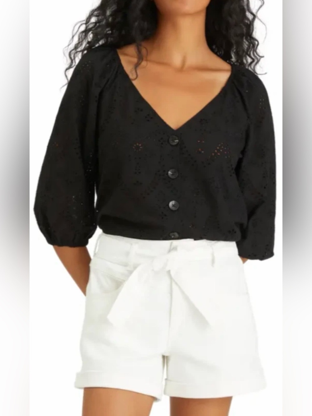 Sanctuary Eyelet Blouse Black 3/4 sleeve Sz M